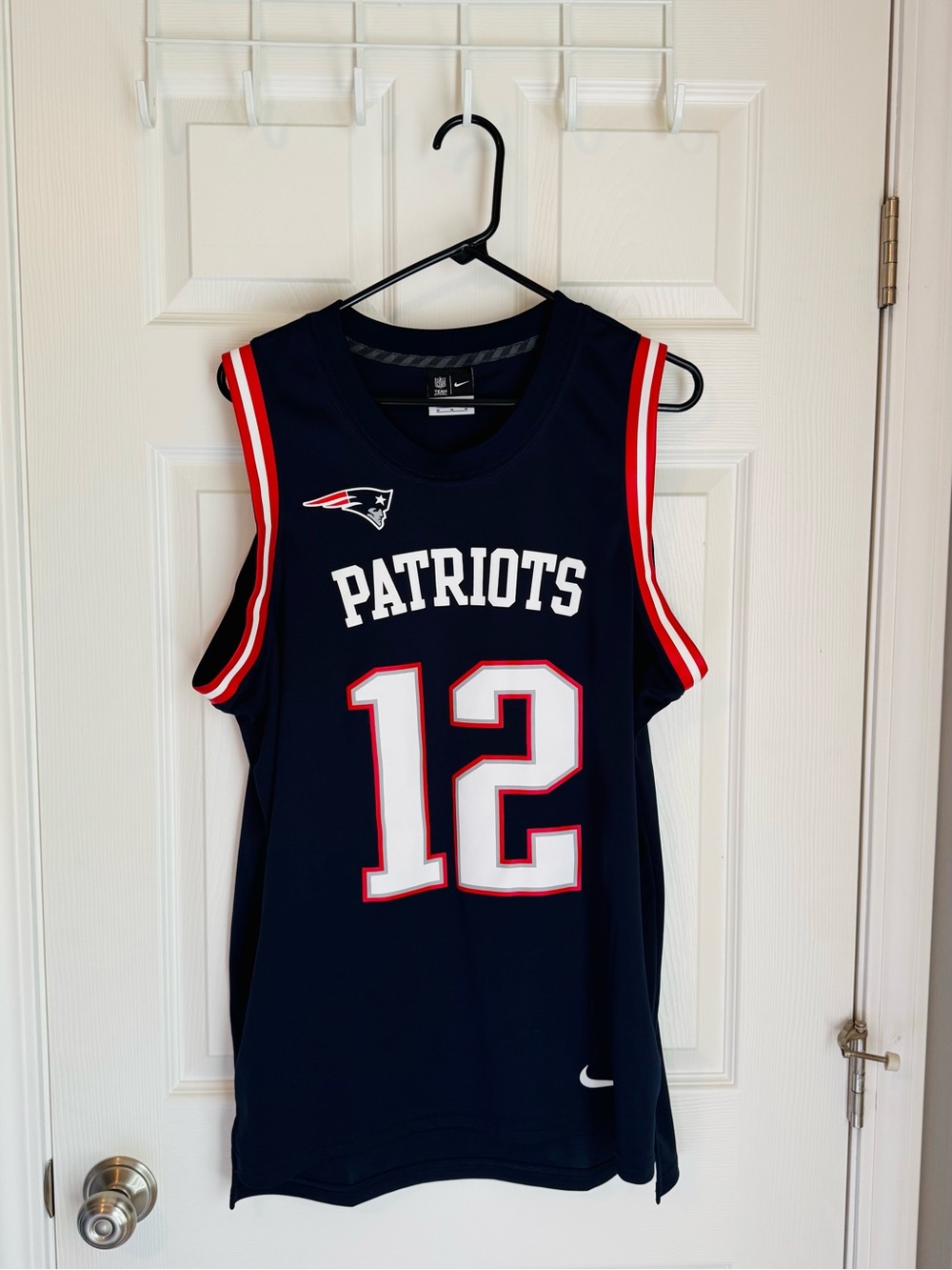 NFL Patriots Navy Sleeveless #12 Basketball-Style Jersey with Red and White Trim